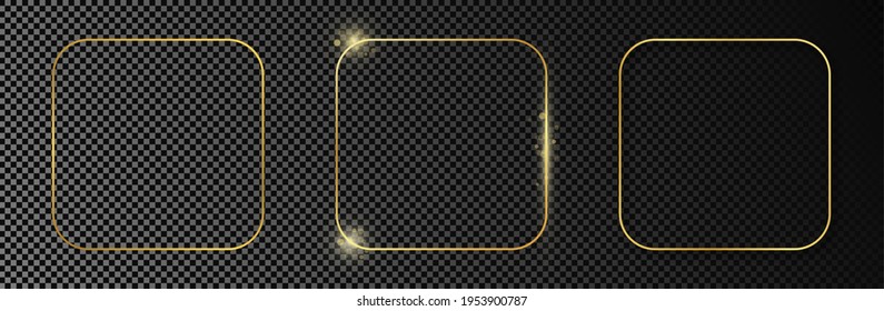 Conjunto de tres cuadros cuadrados redondeados dorados aislados sobre fondo transparente oscuro. Marco brillante con efectos brillantes. Ilustración vectorial.