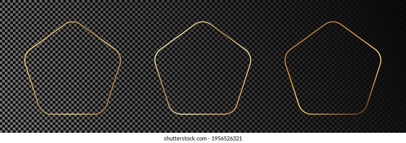Set of three gold glowing rounded pentagon shape frames isolated on dark transparent background. Shiny frame with glowing effects. Vector illustration.