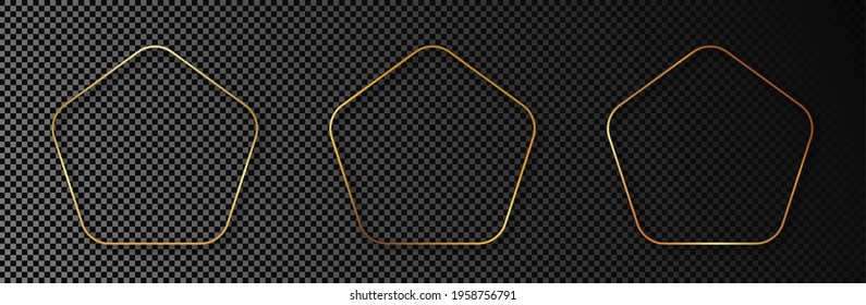 Set of three gold glowing rounded pentagon shape frames isolated on dark transparent background. Shiny frame with glowing effects. Vector illustration.