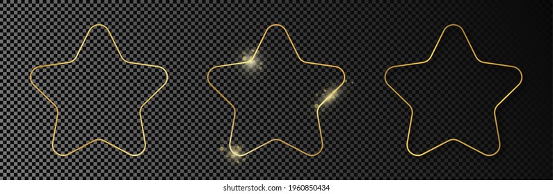 Set of three gold glowing rounded star shape frames isolated on dark transparent background. Shiny frame with glowing effects. Vector illustration.