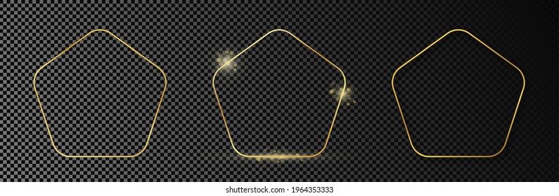 Set of three gold glowing rounded pentagon shape frames isolated on dark transparent background. Shiny frame with glowing effects. Vector illustration.