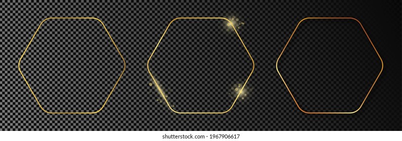 Set of three gold glowing rounded hexagon frames isolated on dark transparent background. Shiny frame with glowing effects. Vector illustration.