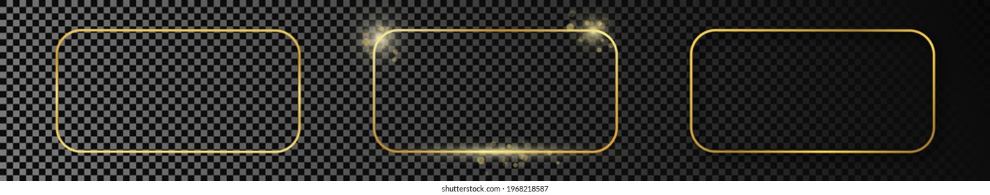 Set of three gold glowing rounded rectangular frames isolated on dark transparent background. Shiny frame with glowing effects. Vector illustration.