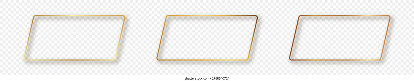 Set of three gold glowing rounded rectangular shape frames isolated on transparent background. Shiny frame with glowing effects. Vector illustration.
