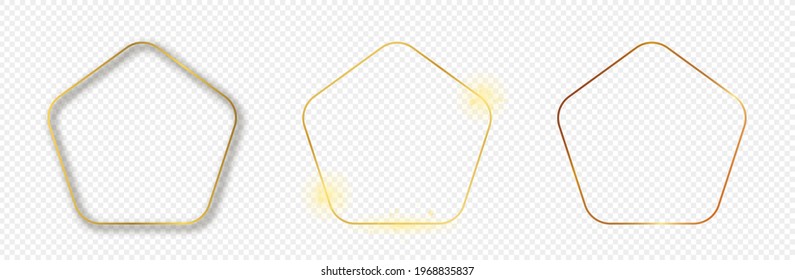 Set of three gold glowing rounded pentagon shape frames isolated on transparent background. Shiny frame with glowing effects. Vector illustration.