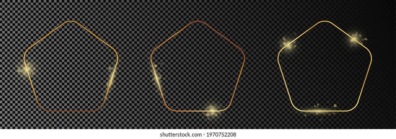 Set of three gold glowing rounded pentagon shape frames isolated on dark transparent background. Shiny frame with glowing effects. Vector illustration.