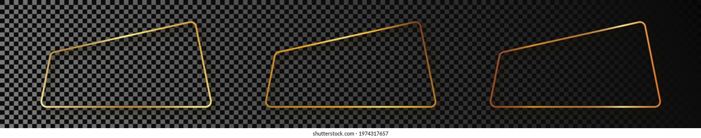 Set of three gold glowing rounded trapezoid shape frames isolated on dark transparent background. Shiny frame with glowing effects. Vector illustration.