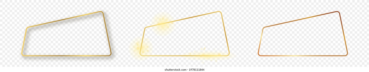 Set of three gold glowing rounded trapezoid shape frames isolated on transparent background. Shiny frame with glowing effects. Vector illustration.