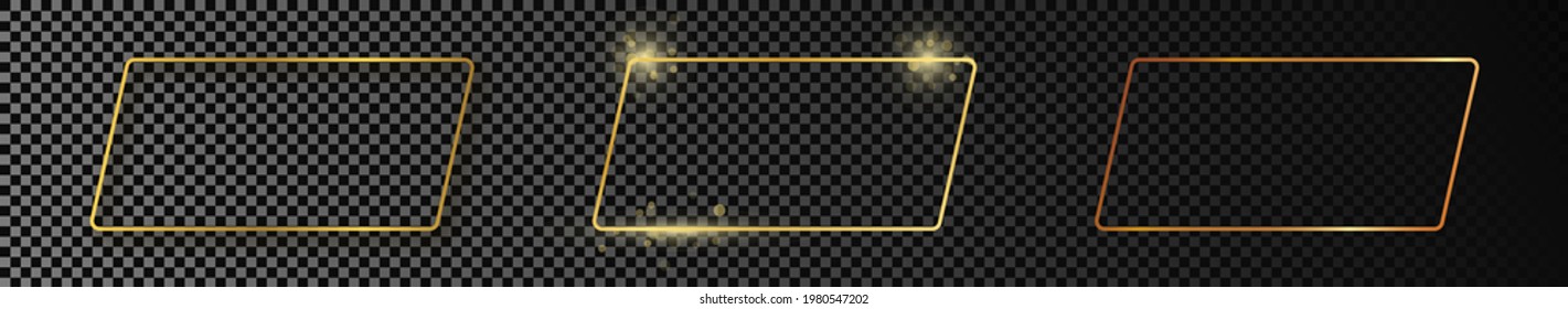Set of three gold glowing rounded rectangular shape frames isolated on dark transparent background. Shiny frame with glowing effects. Vector illustration.