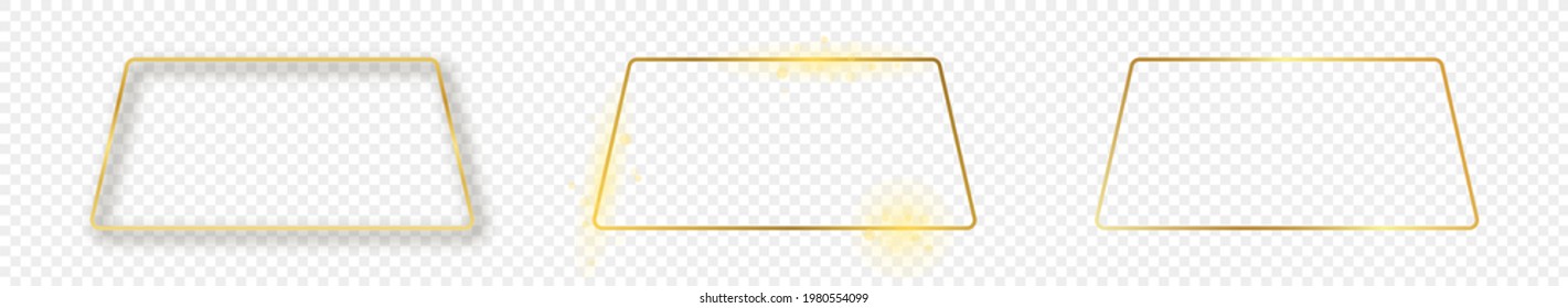 Set of three gold glowing rounded trapezoid shape frames isolated on transparent background. Shiny frame with glowing effects. Vector illustration.