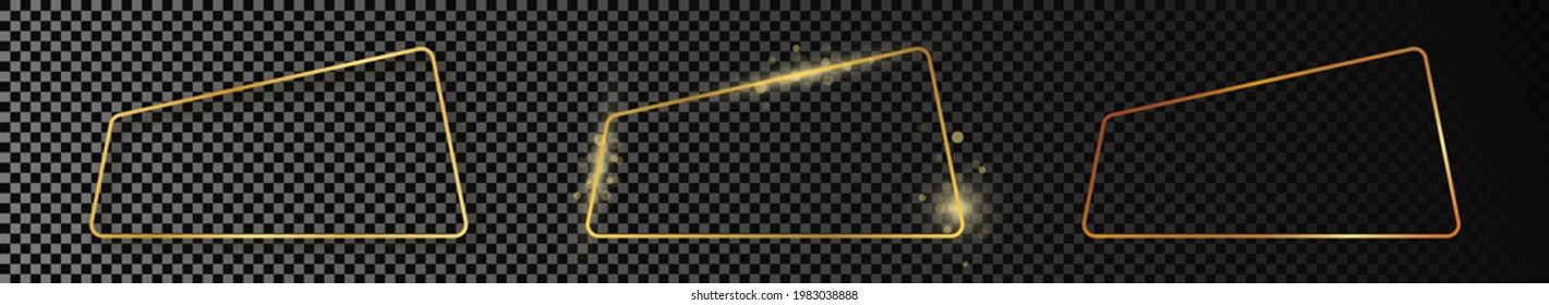 Satz von drei goldglänzenden, abgerundeten Trapezrahmen einzeln auf dunkeltransparentem Hintergrund. Leuchtender Rahmen mit leuchtenden Effekten. Vektorgrafik.