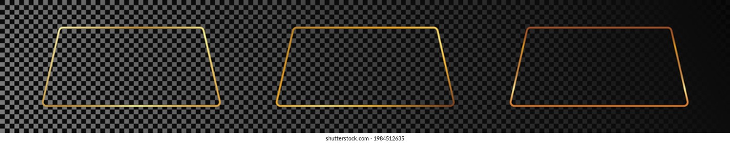 Set of three gold glowing rounded trapezoid shape frames isolated on dark transparent background. Shiny frame with glowing effects. Vector illustration.