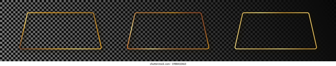 Set of three gold glowing rounded trapezoid shape frames isolated on dark transparent background. Shiny frame with glowing effects. Vector illustration.
