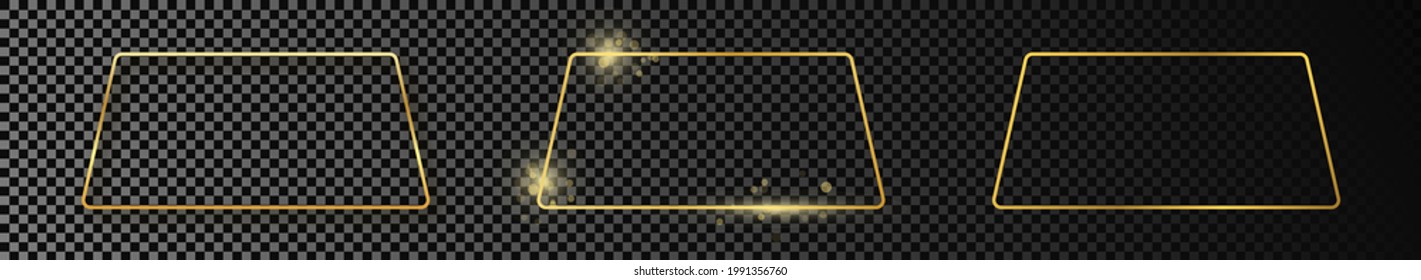 Set of three gold glowing rounded trapezoid shape frames isolated on dark transparent background. Shiny frame with glowing effects. Vector illustration.