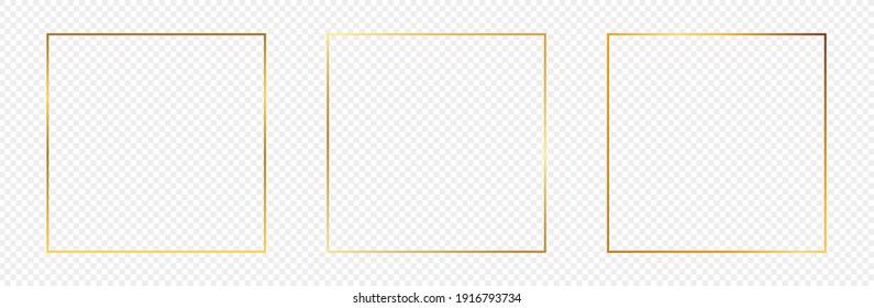 Set of three gold glowing square frames isolated on transparent background. Shiny frame with glowing effects. Vector illustration.