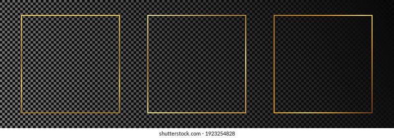 Satz von drei goldglühenden quadratischen Rahmen einzeln auf dunkeltransparentem Hintergrund. Leuchtender Rahmen mit leuchtenden Effekten. Vektorgrafik.
