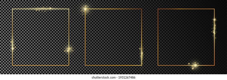 Set of three gold glowing square frames isolated on dark transparent background. Shiny frame with glowing effects. Vector illustration.