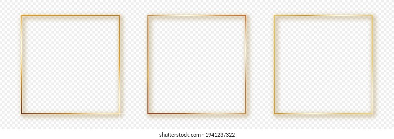 Set of three gold glowing square frames with shadow isolated on transparent background. Shiny frame with glowing effects. Vector illustration.