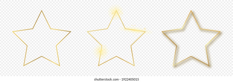 Set of three gold glowing star shape frames isolated on transparent background. Shiny frame with glowing effects. Vector illustration.