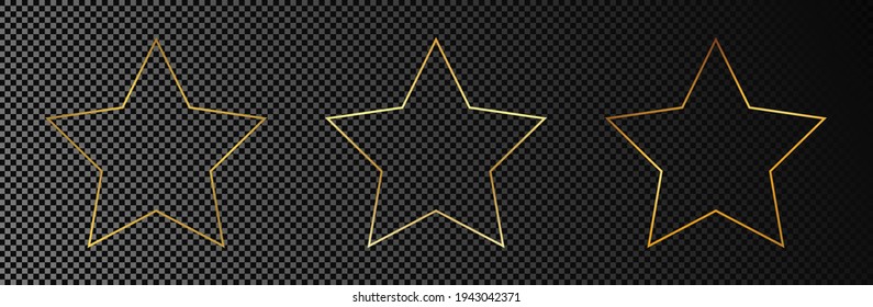 Set of three gold glowing star shape frames isolated on dark transparent background. Shiny frame with glowing effects. Vector illustration.