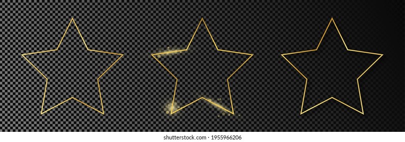 Set of three gold glowing star shape frames isolated on dark transparent background. Shiny frame with glowing effects. Vector illustration.