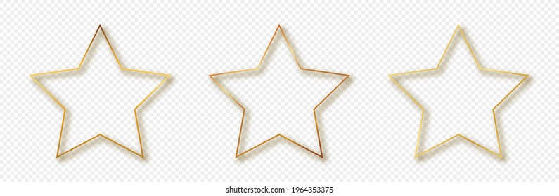 Set of three gold glowing star shape frames isolated on transparent background. Shiny frame with glowing effects. Vector illustration.