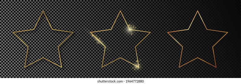 Set of three gold glowing star shape frames isolated on dark transparent background. Shiny frame with glowing effects. Vector illustration.