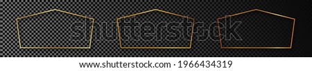 Set of three gold glowing tetragon shape frames isolated on dark transparent background. Shiny frame with glowing effects. Vector illustration.