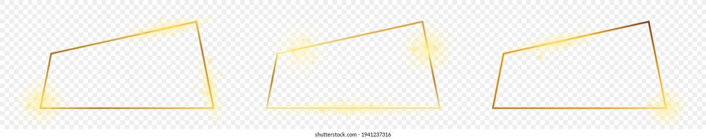 Conjunto de tres marcos de forma trapezoide brillantes dorados aislados sobre fondo transparente. Marco brillante con efectos brillantes. Ilustración vectorial.