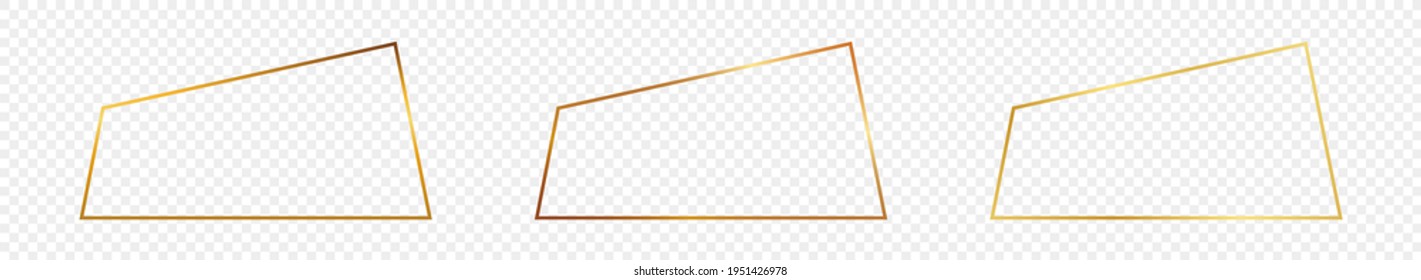 Set of three gold glowing trapezoid shape frames isolated on transparent background. Shiny frame with glowing effects. Vector illustration.