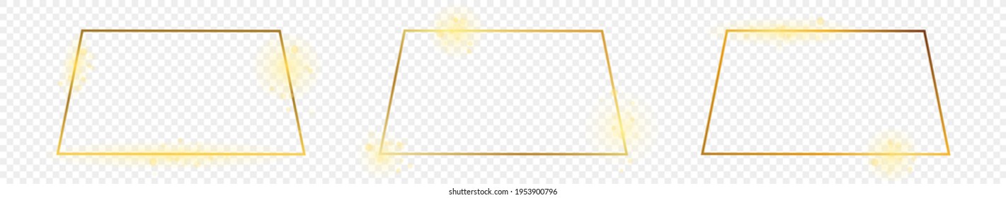 Set of three gold glowing trapezoid shape frames isolated on transparent background. Shiny frame with glowing effects. Vector illustration.