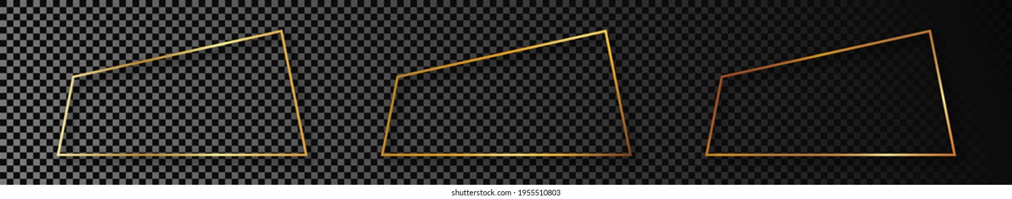 Set of three gold glowing trapezoid shape frames isolated on dark transparent background. Shiny frame with glowing effects. Vector illustration.