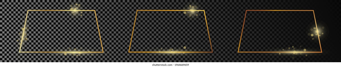 Set of three gold glowing trapezoid shape frames isolated on dark transparent background. Shiny frame with glowing effects. Vector illustration.