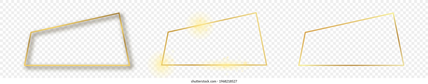 Set of three gold glowing trapezoid shape frames isolated on transparent background. Shiny frame with glowing effects. Vector illustration.