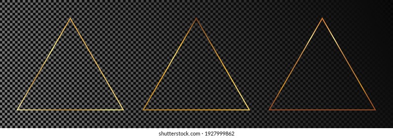 Conjunto de tres marcos triangulares dorados aislados sobre fondo transparente oscuro. Marco brillante con efectos brillantes. Ilustración vectorial.