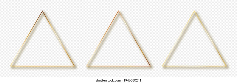 Set of three gold glowing triangle frames isolated on transparent background. Shiny frame with glowing effects. Vector illustration.