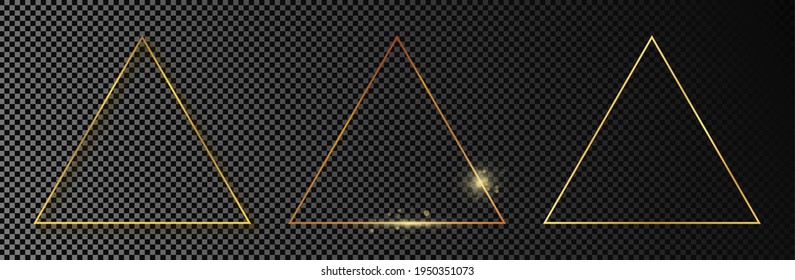 Set of three gold glowing triangle frames isolated on dark transparent background. Shiny frame with glowing effects. Vector illustration.