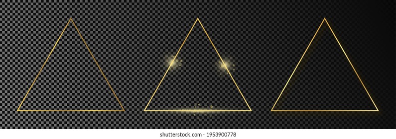 Set of three gold glowing triangle frames isolated on dark transparent background. Shiny frame with glowing effects. Vector illustration.