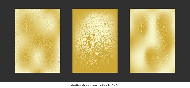 Set of three gold grunge textures with abstract patterns, perfect for backgrounds and design projects.