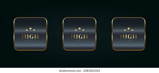 Set of three Gold rectangle button with frame vector illustration. 3d golden glossy elegant design for empty emblem, medal or badge, shiny and gradient dark background
