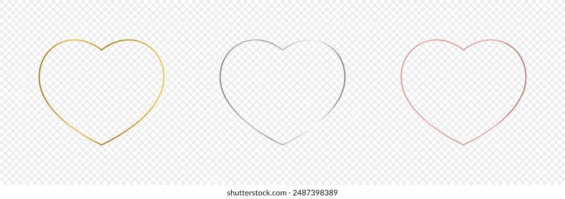 Set of three gold, silver and rose gold glowing heart shape frames isolated on transparent background. Shiny frame with glowing effects. Vector illustration