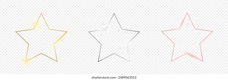 Set of three gold, silver and rose gold glowing star shape frames isolated on transparent background. Shiny frame with glowing effects. Vector illustration