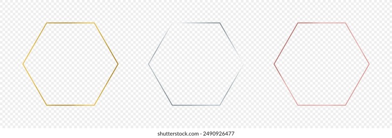 Set of three gold, silver and rose gold glowing hexagon frames isolated on transparent background. Shiny frame with glowing effects. Vector illustration