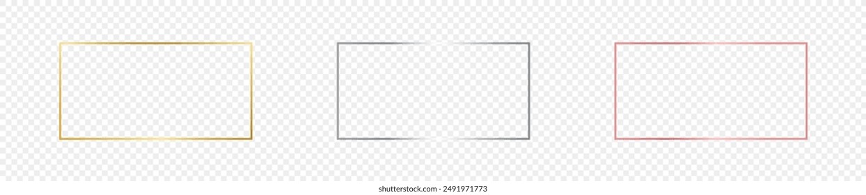 Set of three gold, silver and rose gold glowing rectangular shape frames isolated on transparent background. Shiny frame with glowing effects. Vector illustration