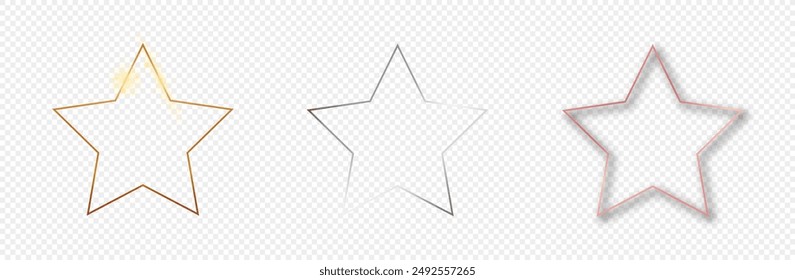 Set of three gold, silver and rose gold glowing star shape frames isolated on transparent background. Shiny frame with glowing effects. Vector illustration