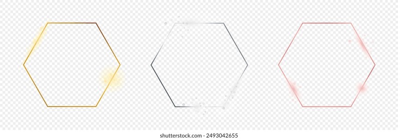 Set of three gold, silver and rose gold glowing hexagon frames isolated on transparent background. Shiny frame with glowing effects. Vector illustration