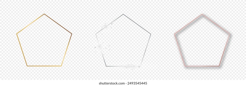 Set of three gold, silver and rose gold glowing pentagon frames isolated on transparent background. Shiny frame with glowing effects. Vector illustration