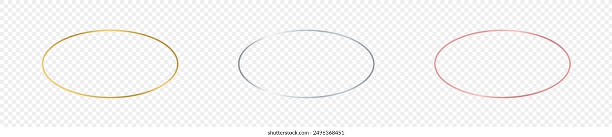 Set of three gold, silver and rose gold glowing oval shape frames isolated on transparent background. Shiny frame with glowing effects. Vector illustration