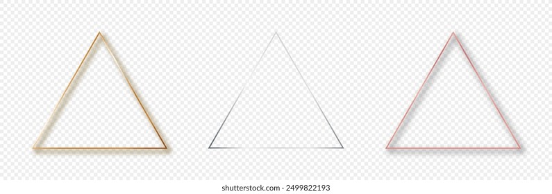 Conjunto de tres marcos triangulares brillantes de oro, plata y oro rosa aislados sobre fondo transparente. Marco brillante con efectos brillantes. Ilustración vectorial