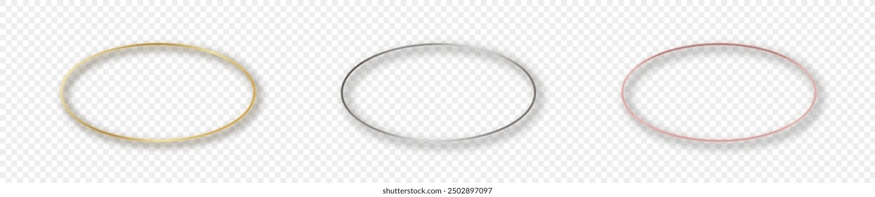 Set von drei goldenen, silbernen und roségoldglühenden ovalen Rahmen einzeln auf transparentem Hintergrund. Glänzender Rahmen mit glühenden Effekten. Vektorgrafik